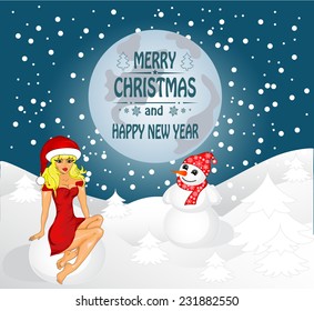 Merry Christmas greeting card Landscape with Snow Maiden and snowman. Vector