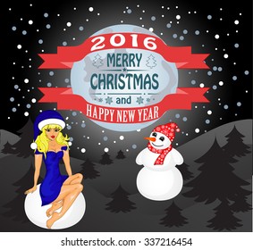 Merry Christmas greeting card Landscape with Snow Maiden and snowman. Vector