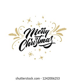 Merry Christmas. Christmas greeting card with lettering. Handwritten lettering with gold decor on isolated background. Calligraphic Xmas Wishes. Happy New Year card design. Vector illustration