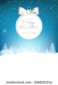 Tarjeta de felicitación de navidad con letras. La nieve blanca cae al fondo. Feliz año nuevo. bola de Navidad.