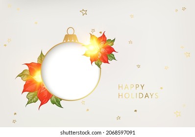 Merry christmas greeting card with lettering. Golden confetti falls on the background. Happy new year . Christmas ball.