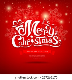 Merry Christmas greeting card lettering design red background, vector illustration