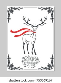 Merry Christmas greeting card with lettering and deer. Retro poster, banner, print or postcard. Christmas design element