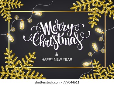 Merry Christmas greeting card with a lettering, sparkling glitter snowlakes and realistic luminous garlands. Vector illustration EPS 10 file