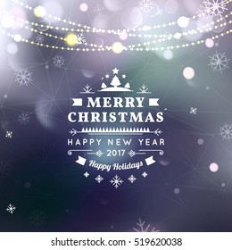 Merry Christmas greeting card light vector background.  holidays wish design and Garlands decoration. Happy new year message. 