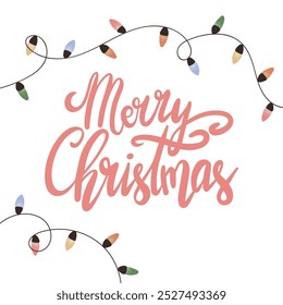 Merry Christmas greeting card with christmas lights. Winter background with lettering