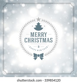Merry Christmas greeting card lights and snowflakes vector background. Christmas holidays wish message typography design and decorations. Vector illustration.