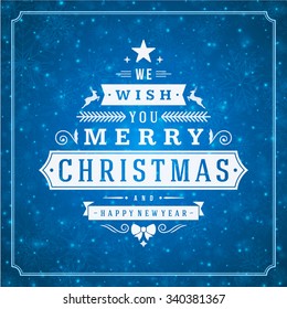 Merry Christmas greeting card lights and snowflakes vector background. Christmas holidays wish message typography design and decorations. Vector illustration.