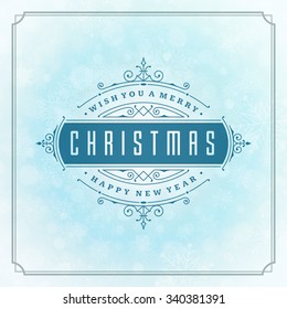 Merry Christmas greeting card lights and snowflakes vector background. Christmas holidays wish message typography design and decorations. Vector illustration.