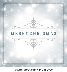 Merry Christmas greeting card lights and snowflakes vector background. Christmas holidays wish message typography design and decorations. Vector illustration.