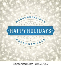 Merry Christmas greeting card lights and snowflakes vector background. Christmas holidays wish message typography design and decorations. Vector illustration.