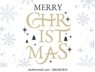 Merry Christmas greeting card with linear snowflakes, stars and decorative elements. Modern New Year typography design for invitation, banner, flyer etc. Vector illustration. Gold Christmas background