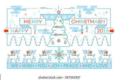 Merry Christmas greeting card in linear style - vector holiday landscape illustration with xmas tree, deers, gifts, snowflakes. Contour graphic elements for your design