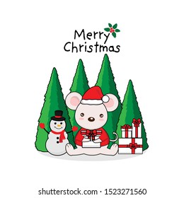 Merry Christmas Greeting Card. Little Mouse holding gift box.