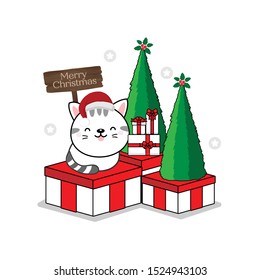 Merry Christmas Greeting Card. Little cat sitting on a gift box.