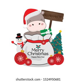 Merry Christmas greeting card. Little Hippo on gift bag.