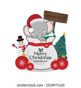 Merry Christmas greeting card. Little Mouse on gift bag.