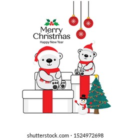Merry Christmas Greeting Card. Little Polar Bears sitting on a gift box.