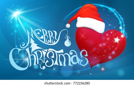 merry christmas greeting card. Love heart with santa claus red hat.