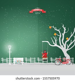 Merry Christmas Greeting Card with LOVER sitting tree swing in winter season.vector and illustration paper craft 