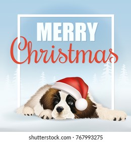 Merry Christmas greeting card with lying dog in Santa hat and text on winter landscape background. Vector illustration.