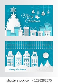 Merry Christmas greeting card made of paper cut elements. Houses and gift boxes, New Year Trees and buildings, moon and star in white and blue colors