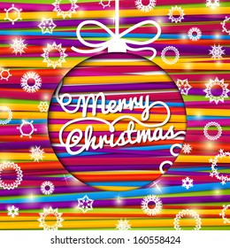 Merry Christmas greeting card made from bundle of bright laces on the paper with snowflakes. With shining glares. With swirl lettering of "Merry Christmas" in the shape of new year tree bauble. 