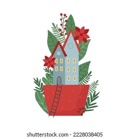 Merry Christmas greeting card with magic Christmas houses and tree in winter forest. Magical house, Winter landscape, forest, trees in snow. Vector cartoon illustration. house in cute pot.
