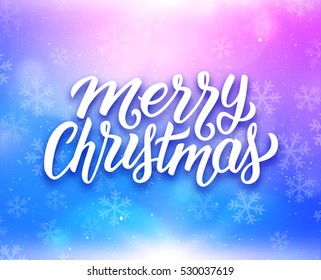 Merry Christmas greeting card with magic light and snowflakes on colorful blue-purple background. Vector design with lettering for winter holidays.