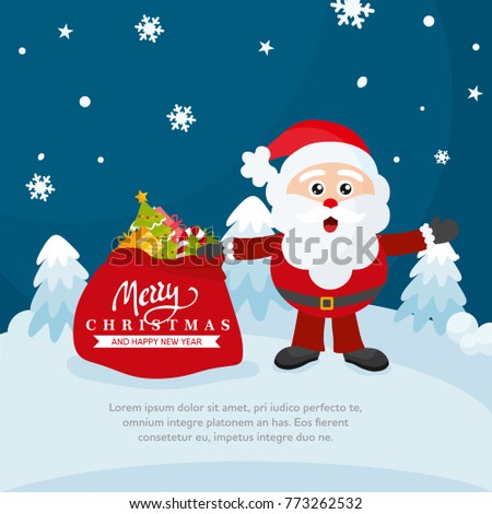 Merry Christmas greeting card. Magic winter landscape. Holiday card template with hand drawn lettering and Santa Claus. Illustration for X-mas holidays. 