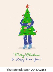 Merry Christmas greeting card. Man holding a Christmas tree in his hands. Vector holiday design template.