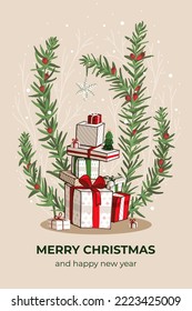 Merry Christmas greeting card. Many gifts under the New Year's branches. Decorated Christmas tree. Cute children's holiday illustration. Hand drawing.