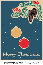 Merry Christmas Greeting Card, Mid Century Modern Postcard Style, Christmas Decorations, Cones, Rowanberry