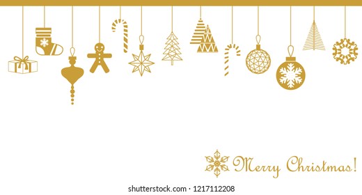 Merry Christmas greeting card. Minimal design with decorative golden elements. Fir trees, gift boxes, gingerbread, snowflakes. On white background.