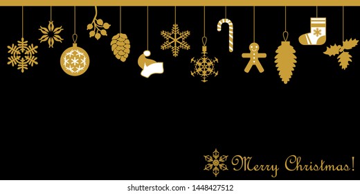 Merry Christmas greeting card. Minimal design with golden elements. Stars, cones, gingerbread, snowflakes and other decorations. On black background.