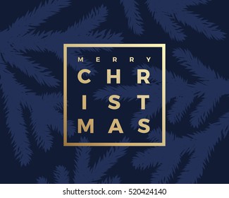 Merry Christmas Greeting Card With Minimalistic Branch Pattern And Modern Typography Gold Letters In A Frame. Classy Blue Background.