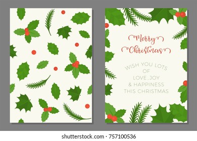 merry Christmas greeting card and mistletoe seamless pattern