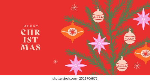 Merry Christmas greeting card. Modern art Xmas design with beautiful Christmas tree decorated with toys, stars and snowflakes. Trendy hand drawn illustration for season web banner, poster, cover