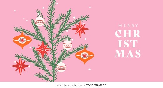 Merry Christmas greeting card. Modern art Xmas design with beautiful Christmas tree decorated with toys, stars and snowflakes. Trendy hand drawn illustration for season web banner, poster, cover