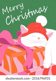 Merry Christmas greeting card. Modern Christmas design with typography. Cat in Santa hat with gifts. Trendy hand drawn illustration for season banner, poster, cover. Vector illustration