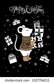 Merry Christmas greeting card with mouse, gift boxes and calligraphy. Vector illustration.