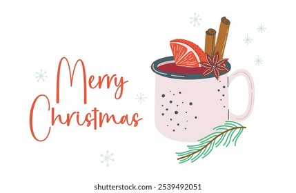 Tarjeta de felicitación de las Navidades felices. Vino caliente con varillas de canela, rodaja de naranja y anís estrellado. Bebida de alcohol con especias tibias. Vacaciones de invierno tradicional tipple. Ilustración vectorial de diseño plano dibujado a mano.