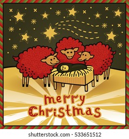 Merry Christmas greeting card with nativity scene with a baby Christ in a crib and three sheep. Awesome hand drawn illustration in cartoon style. Bright winter design in vector