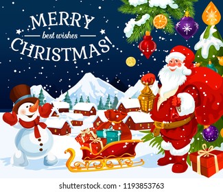 Merry Christmas greeting card and New Year best wishes design. Vector winter holiday Xmas tree with decorations, Santa and snowman with gifts bag on sleigh