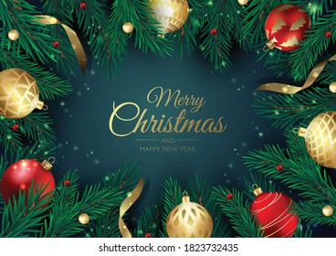 Merry Christmas greeting card with new years tree. Vector holiday illustration.
