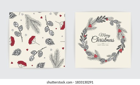 Merry Christmas greeting card with new years tree. Vector holiday illustration.