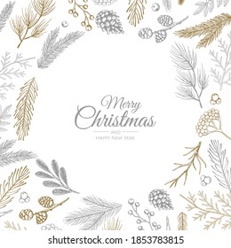 Merry Christmas greeting card with new years tree. Vector holiday illustration.