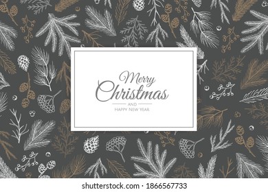 Merry Christmas greeting card with new years tree. Hand drawn design vector illustration.