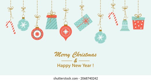 Merry Christmas greeting card with New Year decorations. Winter theme greeting card. Vector illustration.