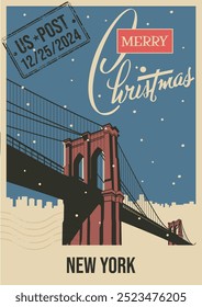 Tarjeta de felicitación de las Navidades felices, ilustración retro del estilo de la postal del puente de Brooklyn del Lugar famoso Nuevo de York. Paisaje urbano, nevada, impresiones postales